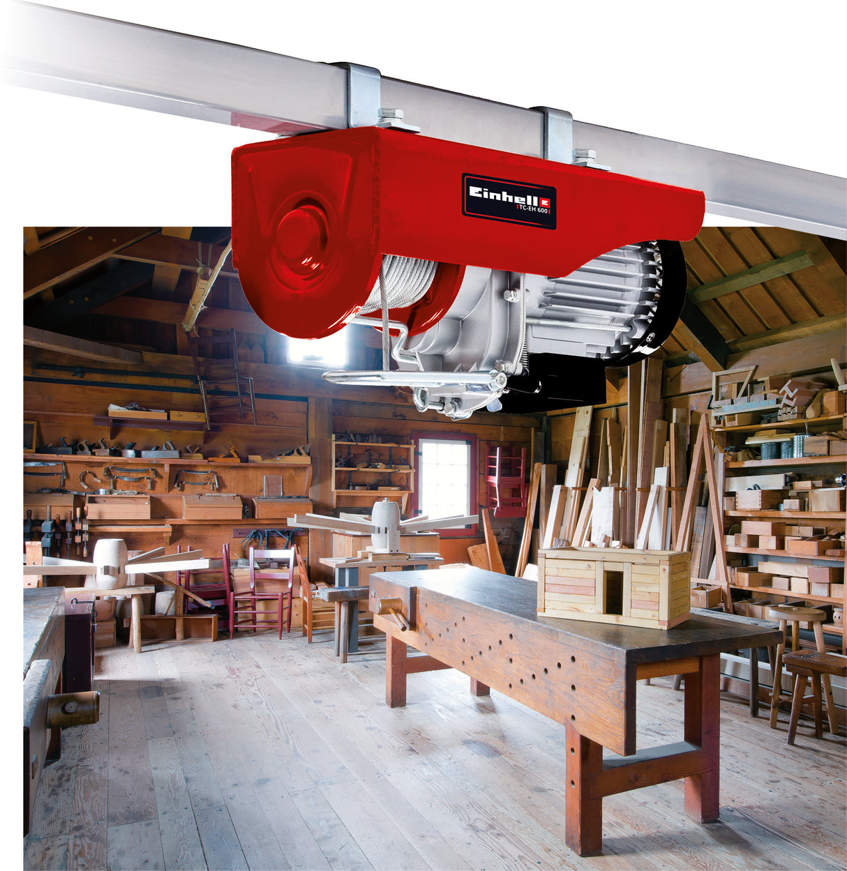Einhell elektromos emelő TC-EH 600 (1050 W, teherbírás vezetőgörgő nélkül 300 kg 18 m-ig / vezetőgörgővel 600 kg 9 m-ig, 18 m kábel, Ø 4,5 mm, biztonsági berendezéssel a rakodóhorogon