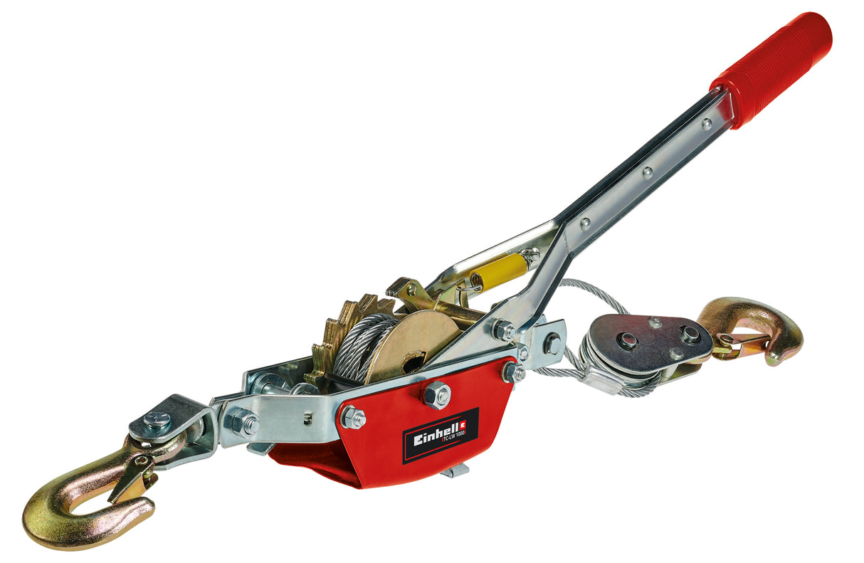 Einhell TC-LW 1000 kézikaros csörlő, 2,2 méteres csavarodásmentes drótkötéllel, maximális teherbírás vezetőgörgővel 1000 kg, teherhoroggal és rögzítőretesszel ellátott vezetőgörgővel együtt