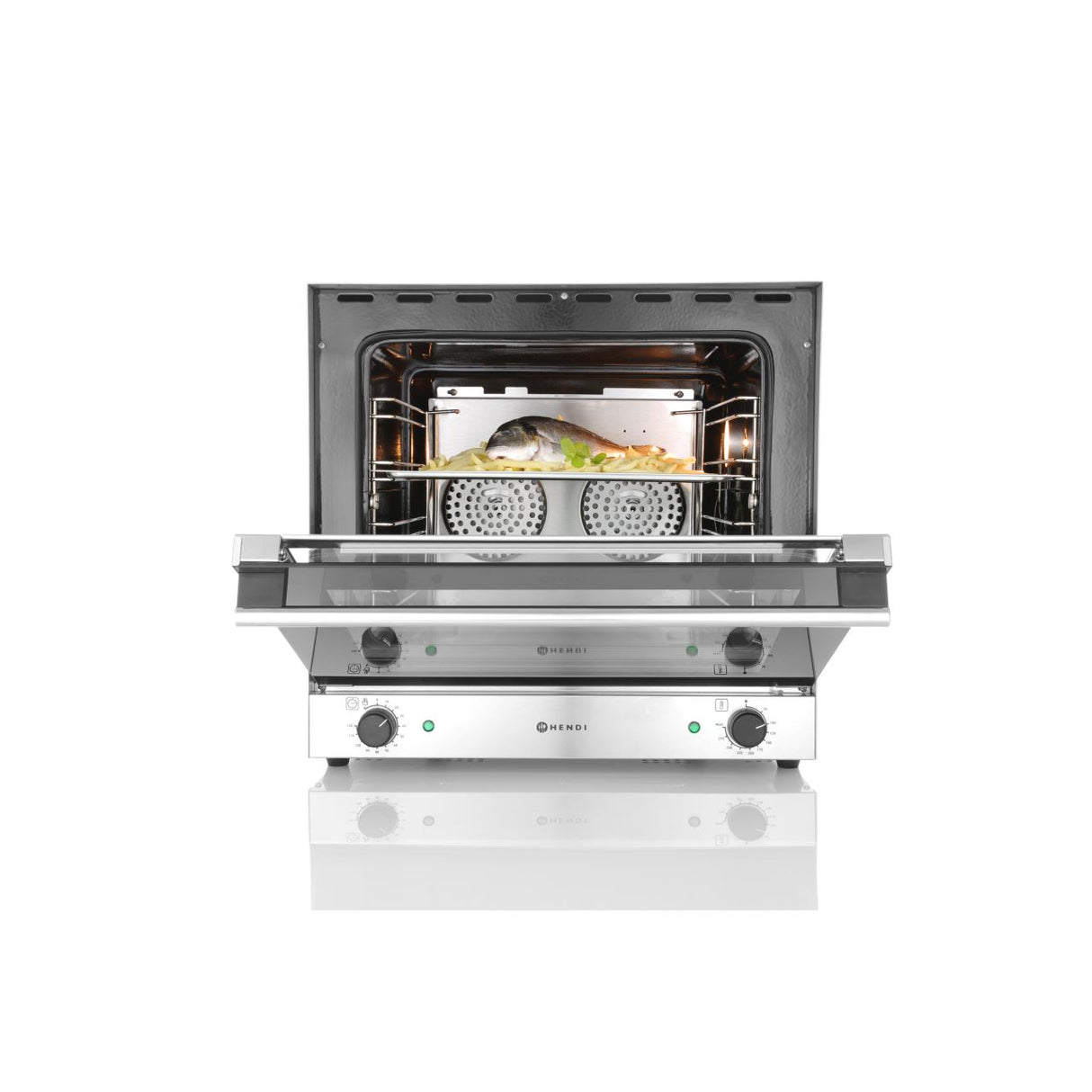 Cuptor convectie Hendi H90, 4 tavi 438x315 mm incluse, 2 elemente incalzire, 2 ventilatoare, termostat reglabil 50-300 gr C, timer 0-120 min, 2670 W,595x624x(H)572mm