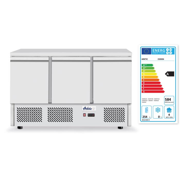 Masa frigorifica cu 3 usi, pentru pizza, cu vitrina ingrediente cu 6 tavi GN 1/4, 270+170 W, ARKTIC by Hendi, 140x70x(H)144.5 cm