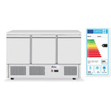 Masa frigorifica cu 3 usi, pentru pizza, cu vitrina ingrediente cu 6 tavi GN 1/4, 270+170 W, ARKTIC by Hendi, 140x70x(H)144.5 cm