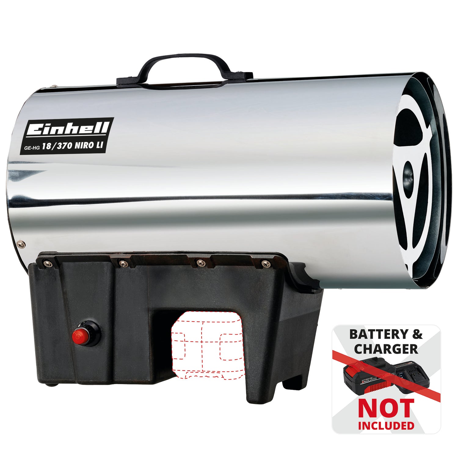 Einhell GE-HG 18/370 Niro Li-Solo PXC akkumulátoros hőlégbefúvásos fűtőberendezés (Li-ion, 37 kW, rozsdamentes acéllemez ház, piezo gyújtás, mágnesszelep, akkumulátor és töltő nélkül)