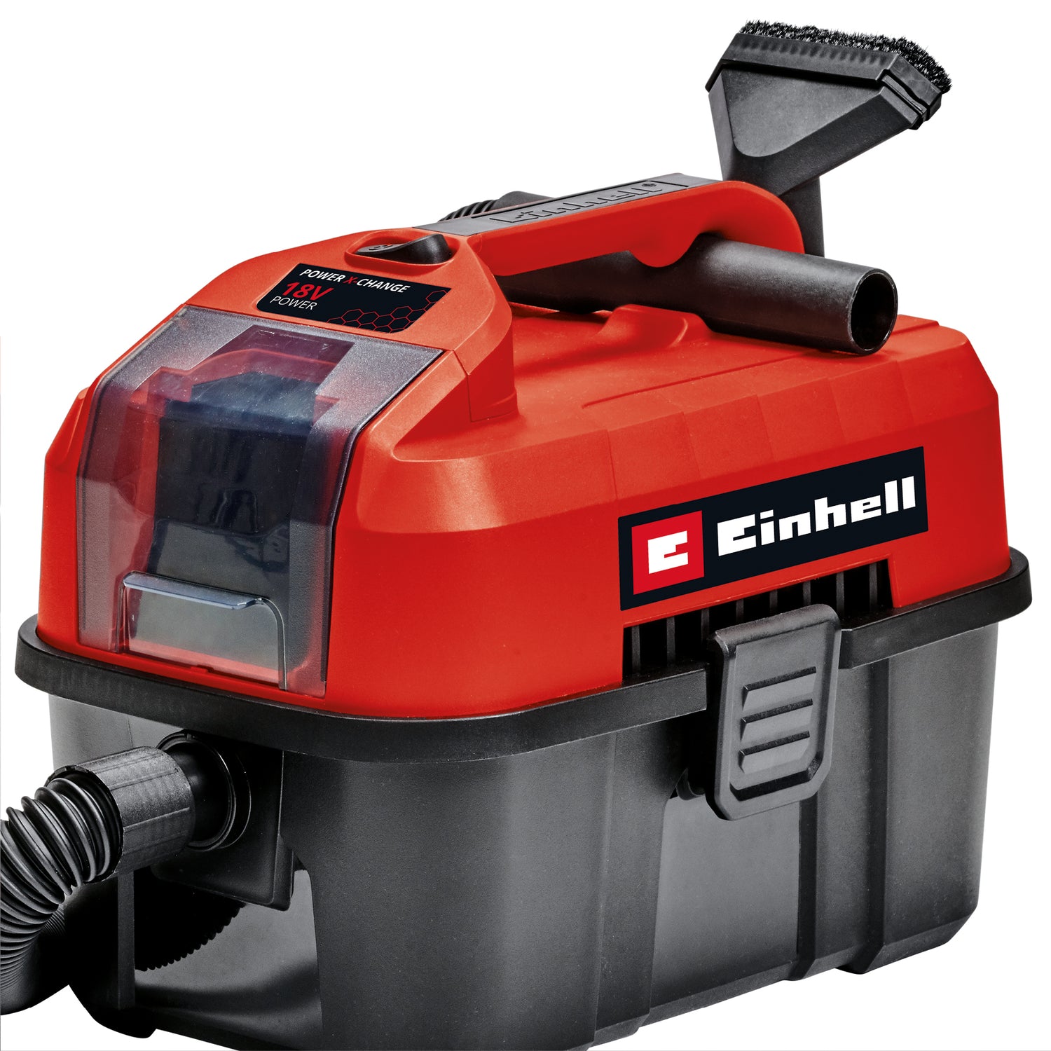 Aspirator umed/uscat pe acumulator Einhell TE-VC 18/10 Li-Solo Power X-Change 18 V, rezervor de 10 L, incl. furtun de 2 m, duza pentru spatii inguste/perie + duza pentru tapiterie/universala, fara acumulator