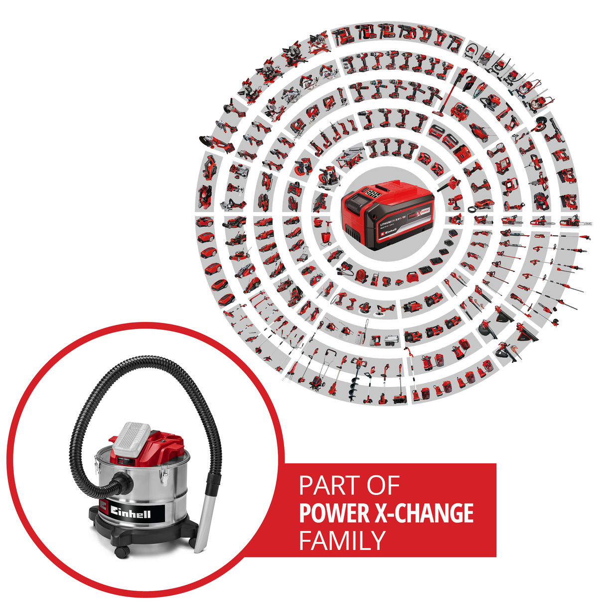 Einhell TE-AV 18/15 Li C-Solo Power X-Change akkumulátoros hamuporszívó, 18 V, szívóteljesítmény 100 mbar, 15 literes gyűjtőtartály, szűrőtisztító rendszer, fúvócsatlakozás, akkumulátor nélkül