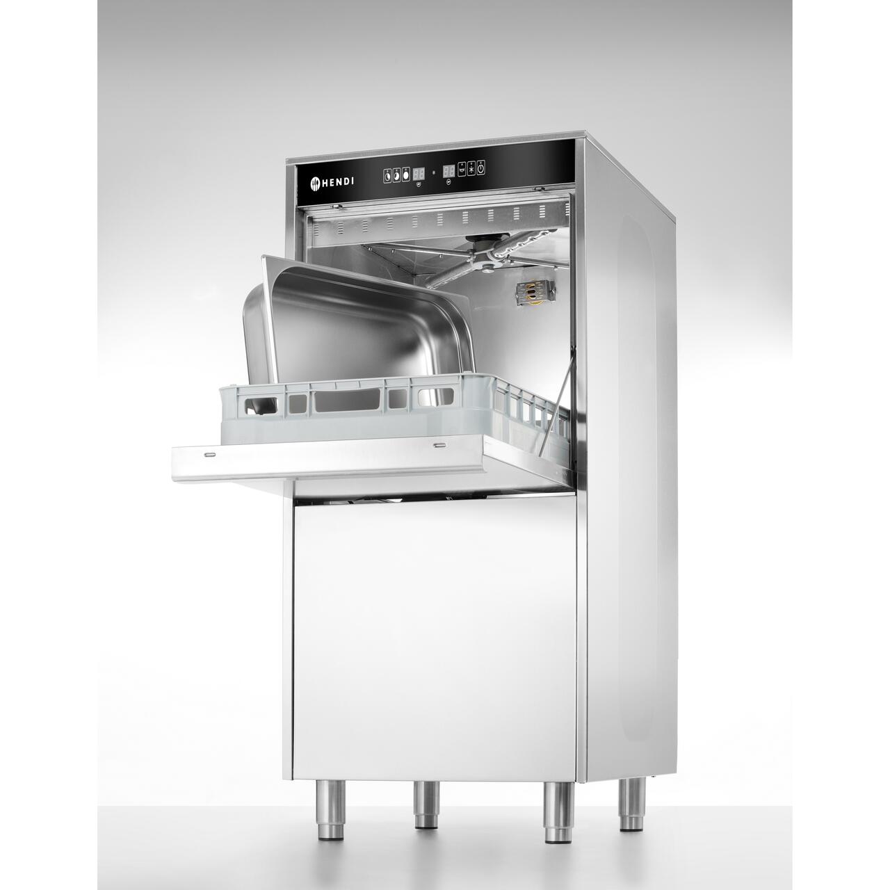 Masina de spalat vase, 50x60, electronica, cu dozator de detergent si pompa de scurgere, 400V, HENDI, 400V/7100W, 595x730x(H)1340mm
