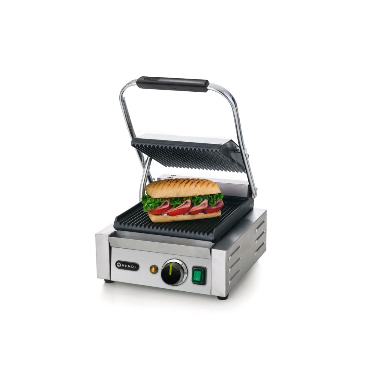 Contact grill, suprafete striate din fonta cu invelis ceramic, 1800 W, corp inox, Hendi, potrvit si pentru uz profesional