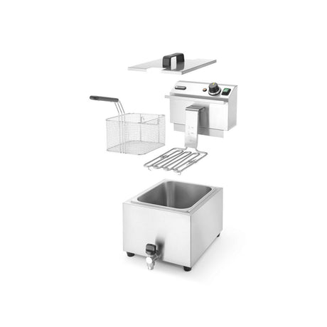 Friteuza electrica profesionala, Hendi Mastercook cu robinet scurgere ulei, Inox, 8 lt, 3500 W, temperatura reglabila pana la 195 gr C, termostat, 515x300x(H)345 mm