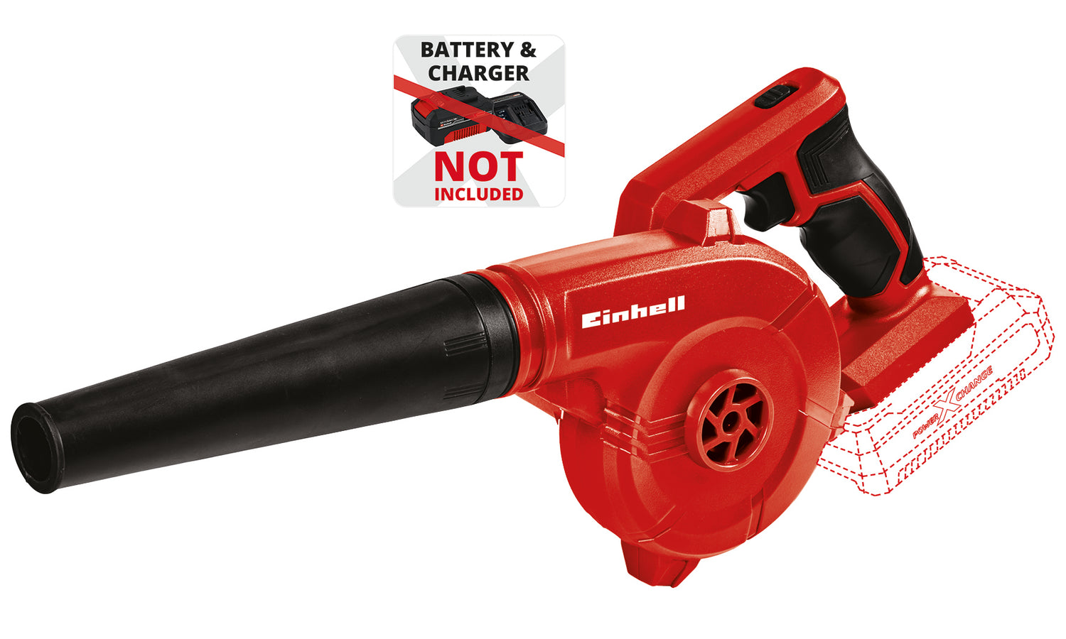 Einhell TE-CB 18/180 Li-Solo Power X-Change akkus lombfúvó, lítium-ion akkumulátorral, akár 180 km/h légáramlással. Üresjárati fordulatszám 15 500 ford/perc, 2 sebességfokozat, puha markolat, akkumulátor és töltő nélkül.
