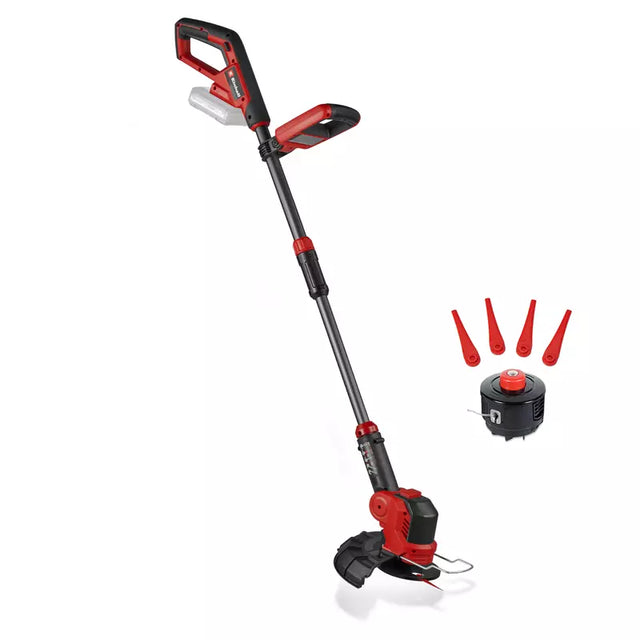 Trimmer pe acumulator Einhell GE-CT 18/25-1 Li-Solo Power X-Change, 18 V, latime taiere 25 cm, cap motor rotativ si inclinabil, inclusiv 20 lame plastic de rezerva, 1 bobina fir trimmer, fara baterie - imagine 1
