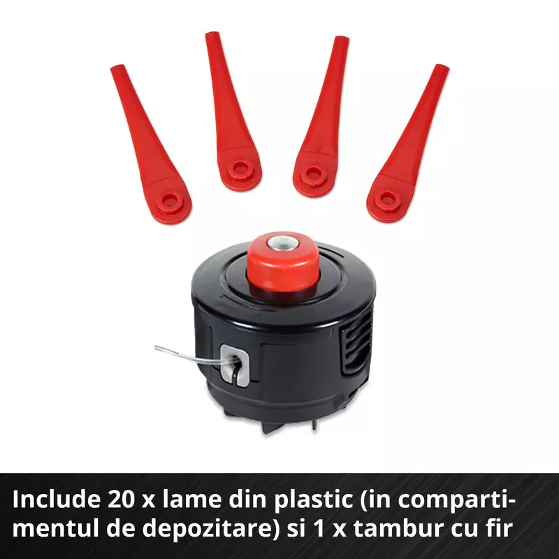 Trimmer pe acumulator Einhell GE-CT 18/25-1 Li-Solo Power X-Change, 18 V, latime taiere 25 cm, cap motor rotativ si inclinabil, inclusiv 20 lame plastic de rezerva, 1 bobina fir trimmer, fara baterie - imagine 11