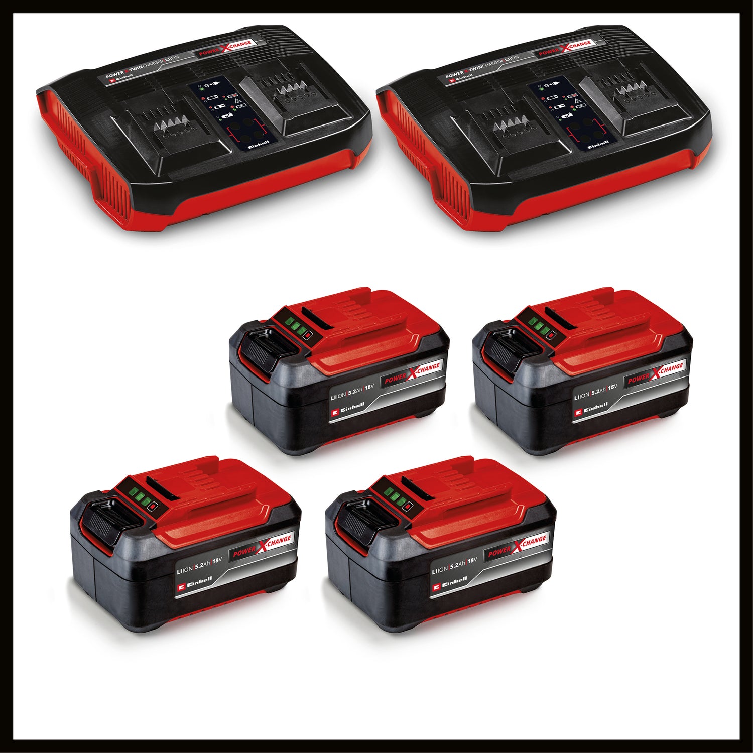 Einhell GP-CM 36/52 S Li BL Kit Power X-Change akkus fűnyíró (36 V, 52 cm vágási szélesség, akár 1200 m², kefe nélküli motor, 65 literes fűgyűjtő, összkerékhajtás, 4x 5.2 Ah akkumulátorral + 2x dupla töltővel)