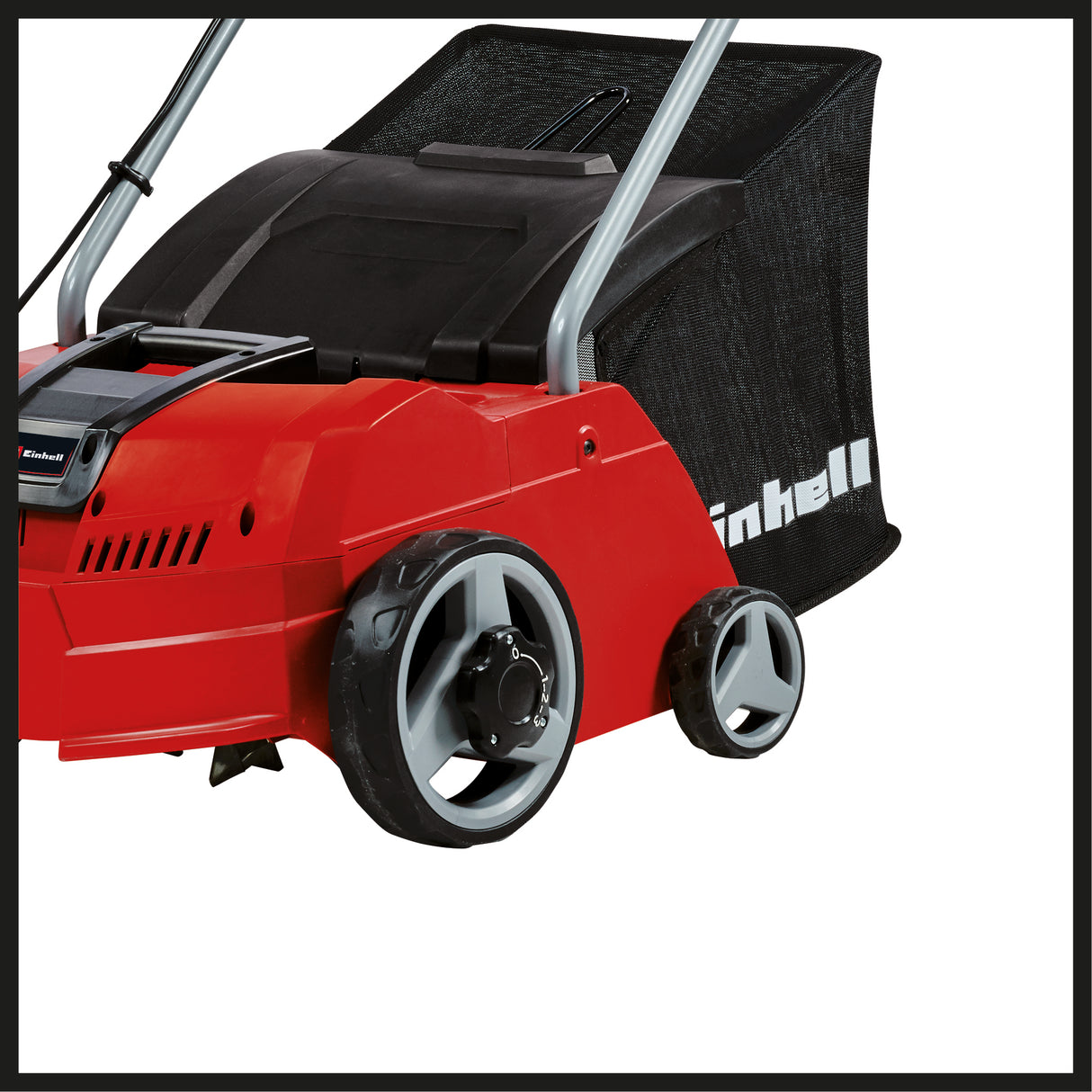 Scarificator electric cu ventilator Einhell GC-SA 1231/1 (230 V, pana la 300 m², 1200 W, sac de colectare de 28 l, rola cu lame pe rulmenti + rola cu ventilator, 3 adancimi de lucru, bara de ghidare pliabila