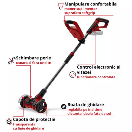 Masina de curatat rosturi pe acumulator Einhell GE-CC 18/110 Li E-Solo Power X-Change,18 V, bara telescopica, maner suplimentar, roata de ghidare reglabila, inclusiv 2 perii, fara baterie - imagine 4