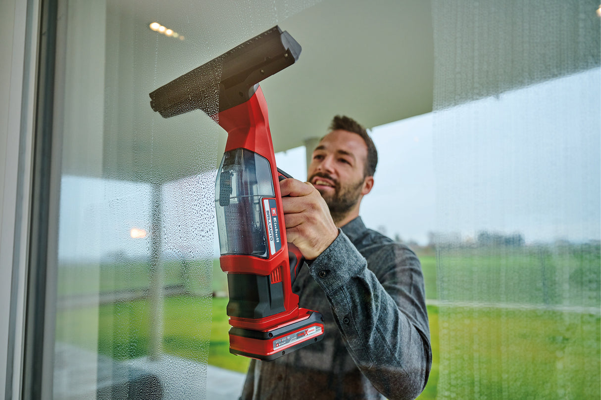 Einhell BRILLIANTO Power X-Change akkus ablaktisztító (18 V, 28 cm hosszú szívófej, csíkmentes tisztítás, mikroszálas kendővel ellátott szóróflakonnal, akkumulátor nélkül)