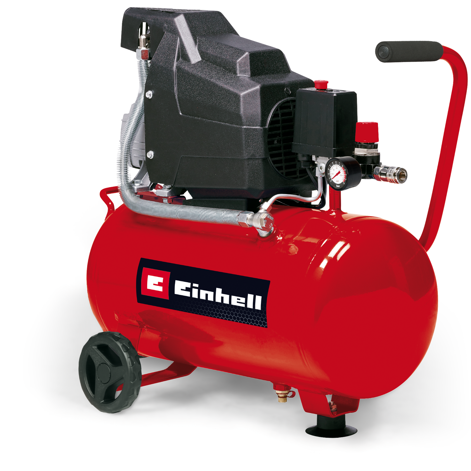 Einhell TC-AC 190/24/8 kompresszor, max. 8 bar, 24 l-es tartály, olajkenés, nyomáscsökkentő, nyomásmérő + gyorscsatlakozó, egyirányú/biztonsági szelep, gumitalp