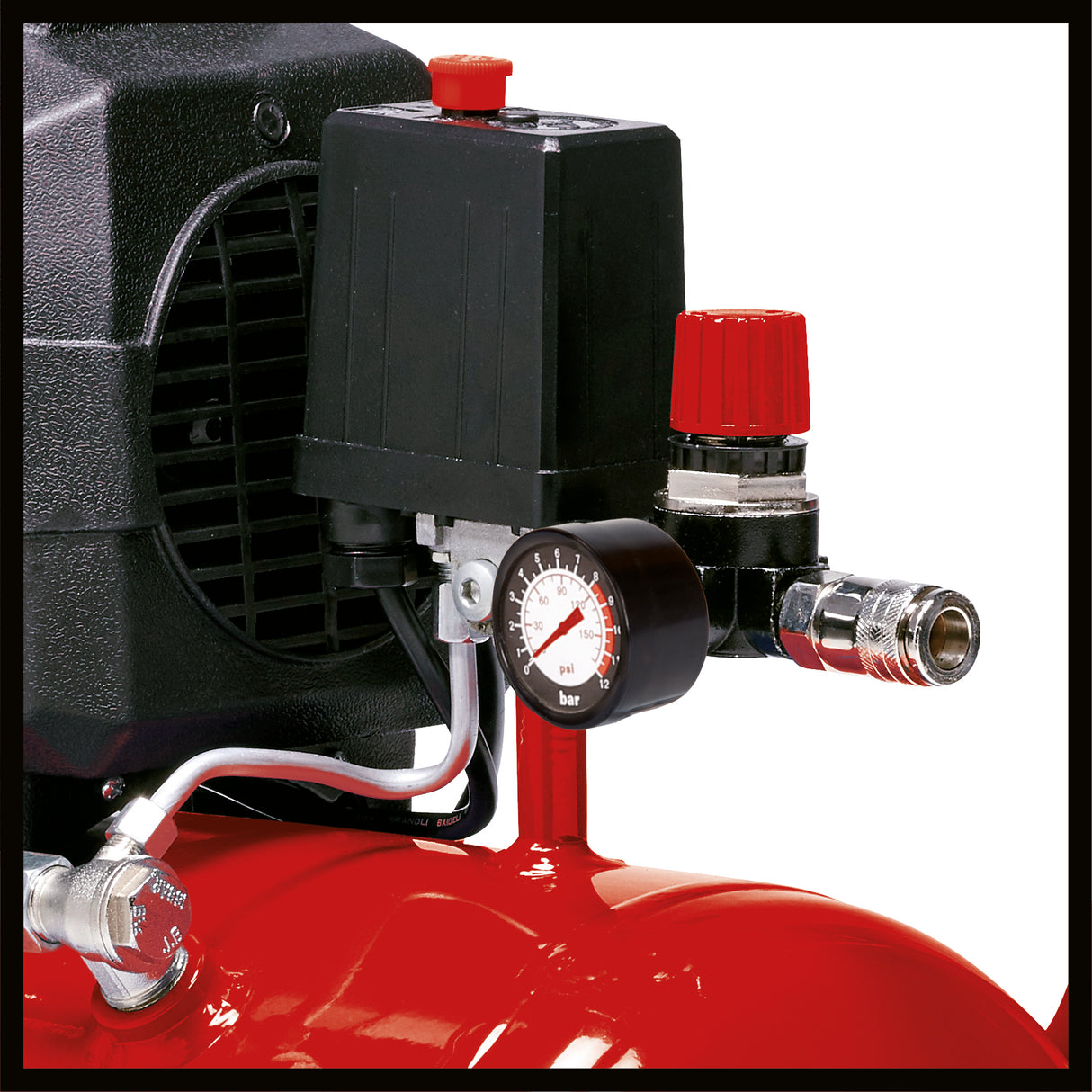 Compresor Einhell TC-AC 190/24/8, max. 8 bar, rezervor de 24 l, lubrifiere cu ulei, reductor de presiune, manometru + cuplaj rapid, supapa de sens unic/de siguranta, picior de cauciuc