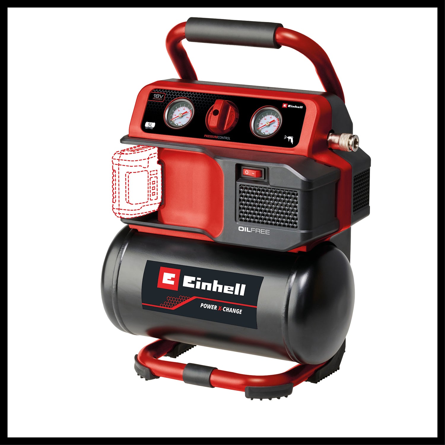 Einhell TE-AC 18/75 Li OF-Solo Power X-Change akkus kompresszor (18 V, max. 8 bar, 5 literes tartály, 75 l/perc bemeneti kapacitás, 2 db nyomásmérő, olajmentes, akkumulátor nélkül)