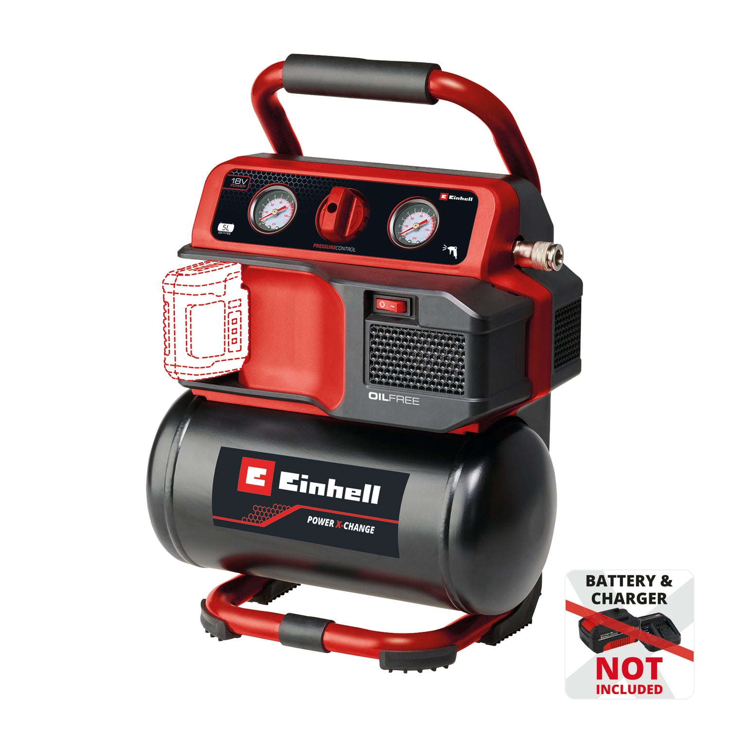 Einhell TE-AC 18/75 Li OF-Solo Power X-Change akkus kompresszor (18 V, max. 8 bar, 5 literes tartály, 75 l/perc bemeneti kapacitás, 2 db nyomásmérő, olajmentes, akkumulátor nélkül)