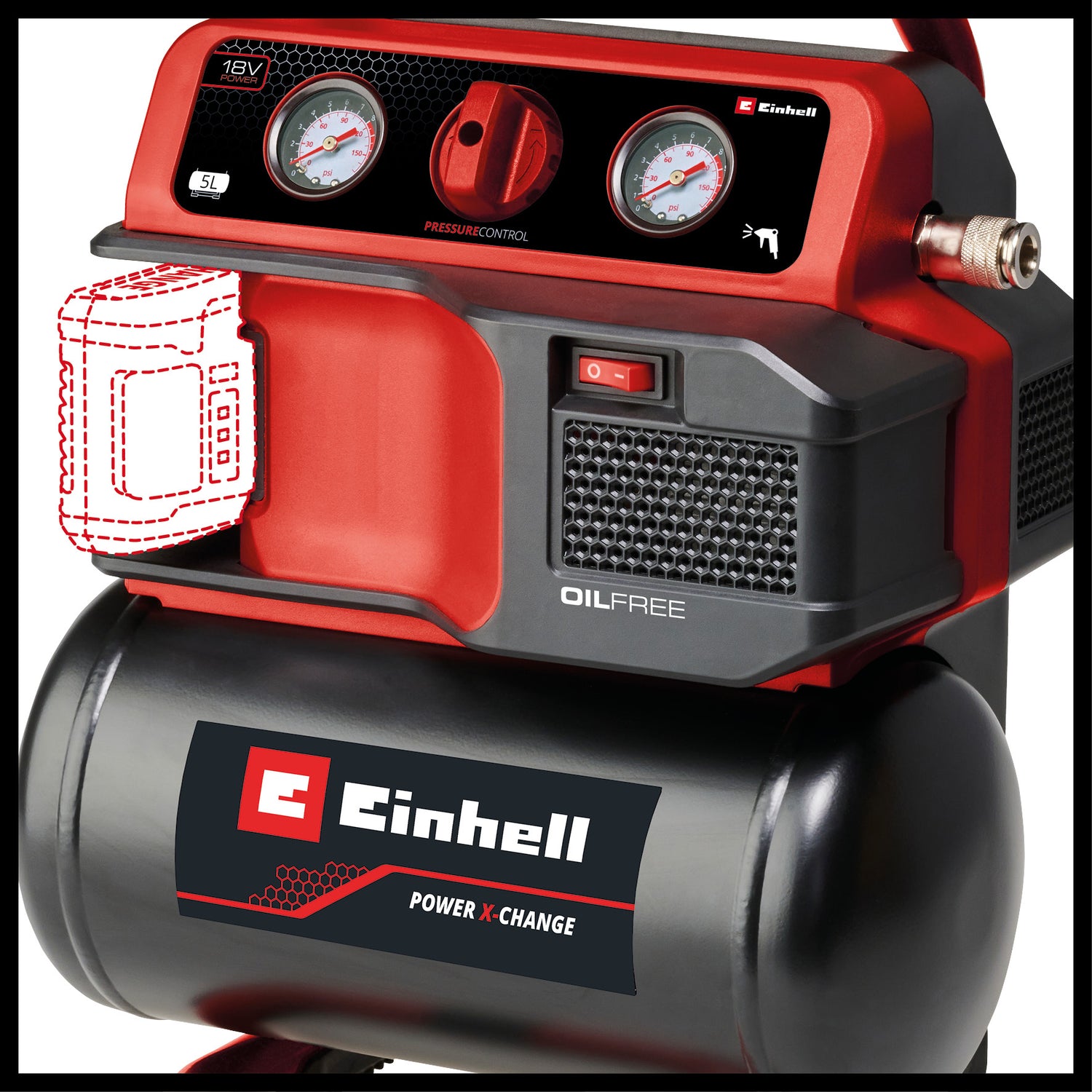 Einhell TE-AC 18/75 Li OF-Solo Power X-Change akkus kompresszor (18 V, max. 8 bar, 5 literes tartály, 75 l/perc bemeneti kapacitás, 2 db nyomásmérő, olajmentes, akkumulátor nélkül)