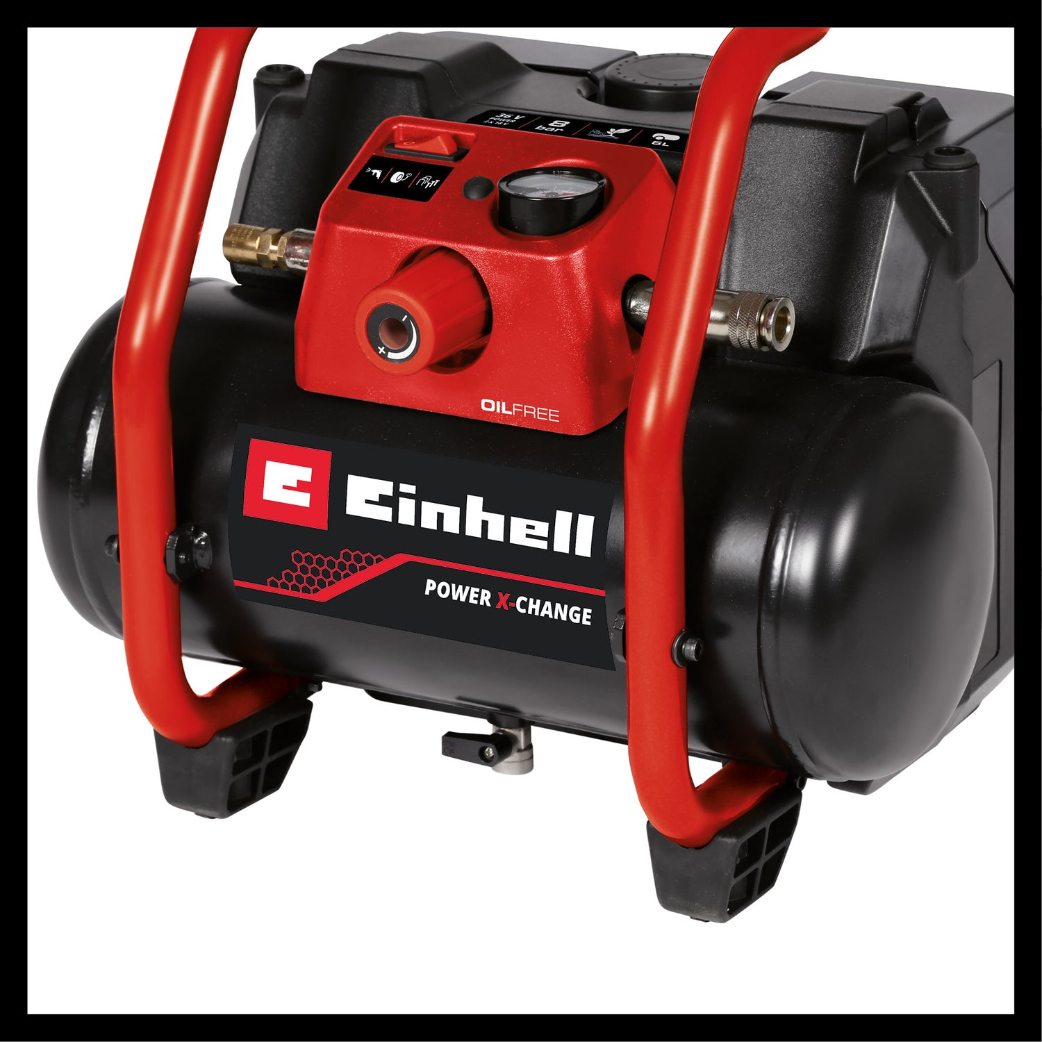 Einhell TE-AC 36/150 Li OF-Solo Power X-Change akkumulátoros kompresszor (36 V, max. 8 bar, 6 literes tartály, 150 l/perc bemeneti kapacitás, nyomásmérő, olajmentes, akkumulátor nélkül) 
