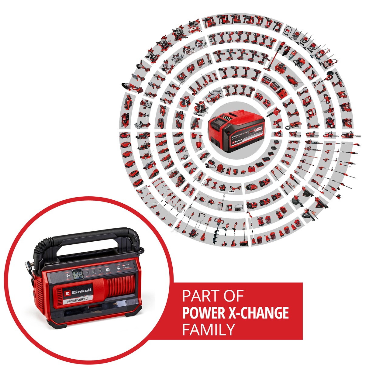 Einhell PRESSITO 18/25 Power X-Change akkus kompresszor (18 V, max. 11 bar, 3 részes adapterkészlettel, 71 cm-es magasnyomású tömlővel és 1,6 m-es alacsonynyomású tömlővel, akkumulátor nélkül