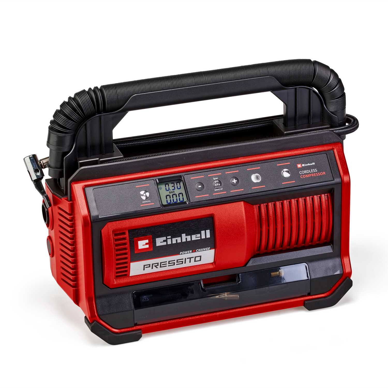 Einhell PRESSITO 18/25 Power X-Change akkus kompresszor (18 V, max. 11 bar, 3 részes adapterkészlettel, 71 cm-es magasnyomású tömlővel és 1,6 m-es alacsonynyomású tömlővel, akkumulátor nélkül