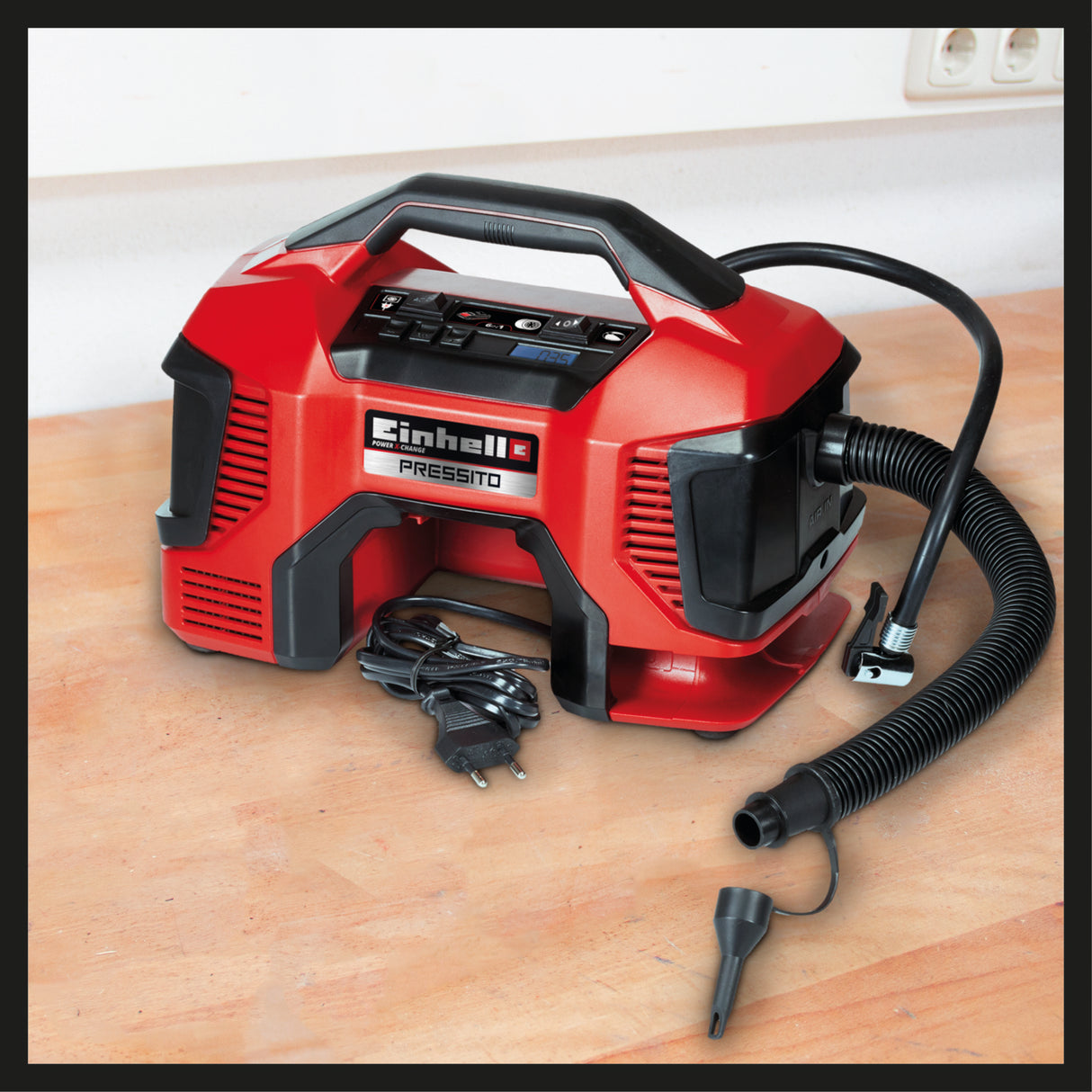 Compresor pe acumulator Einhell PRESSITO Power X-Change, 18 V, max. 11 bar, lungime furtun 31 cm, inclusiv set adaptor 3 piese, fara acumulator