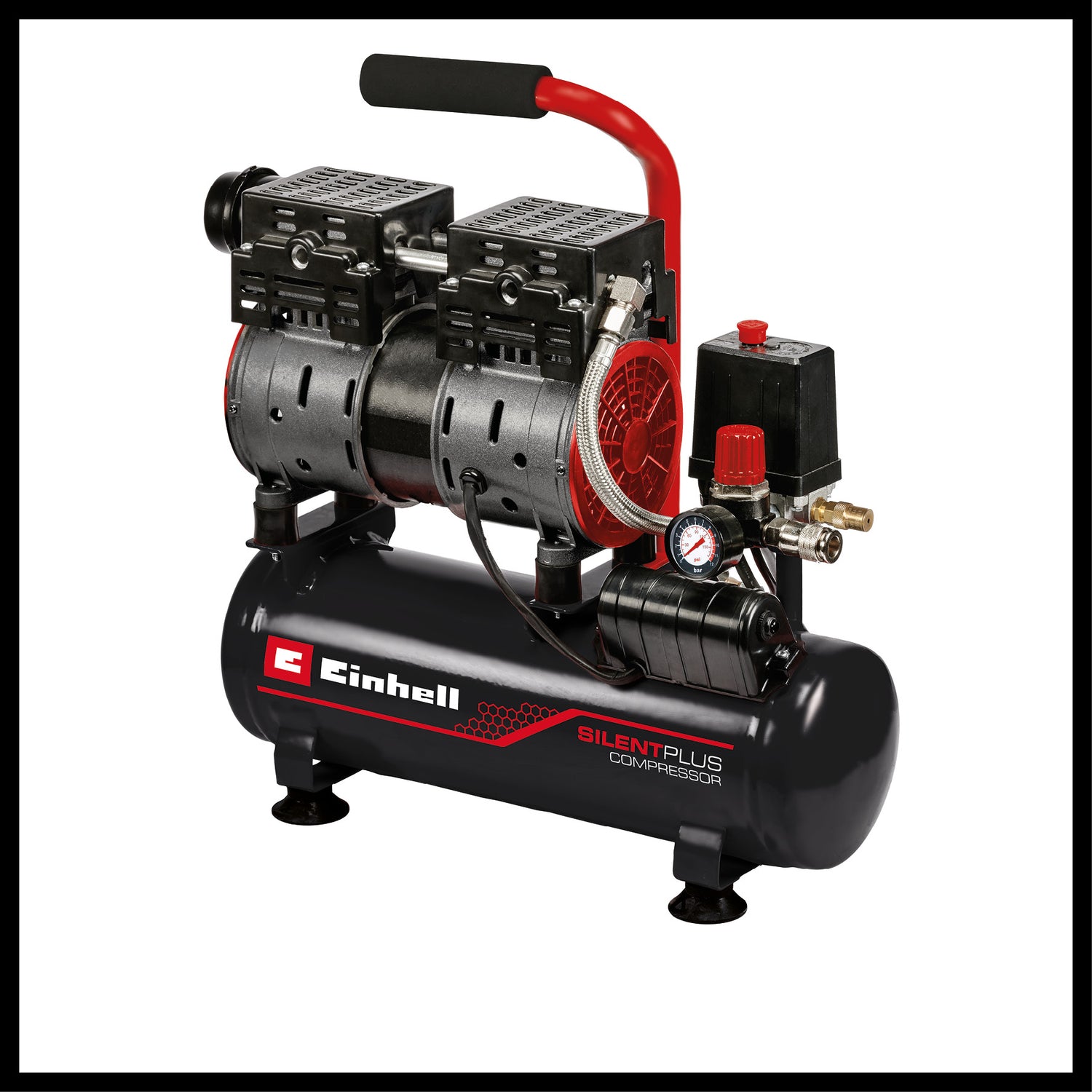 Einhell TE-AC 110/6 Silent Plus kompresszor, csendes kompresszor 550 W teljesítménnyel, max. 8 bar nyomással, olaj- és szervizmentes motorral, 6 literes tartállyal, nyomásmérővel és gyorscsatlakozóval, biztonsági szeleppel