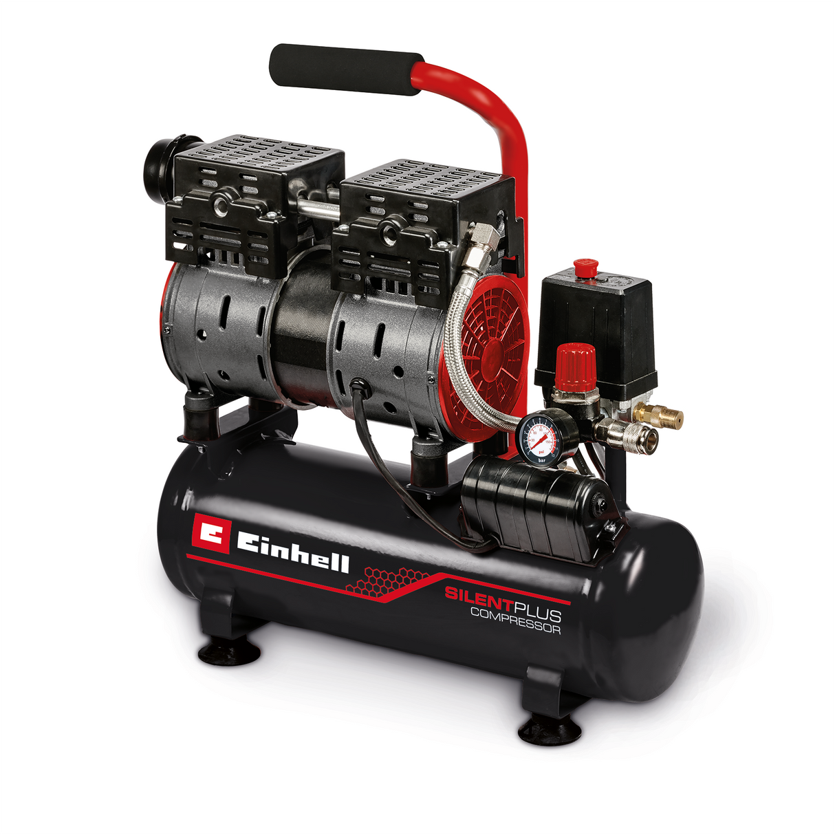 Compresor Einhell TE-AC 110/6 Silent Plus, compresor silentios cu 550 W, max. 8 bar, motor fara ulei/service, rezervor de 6 l, manometru si cuplaj rapid, supapa de siguranta