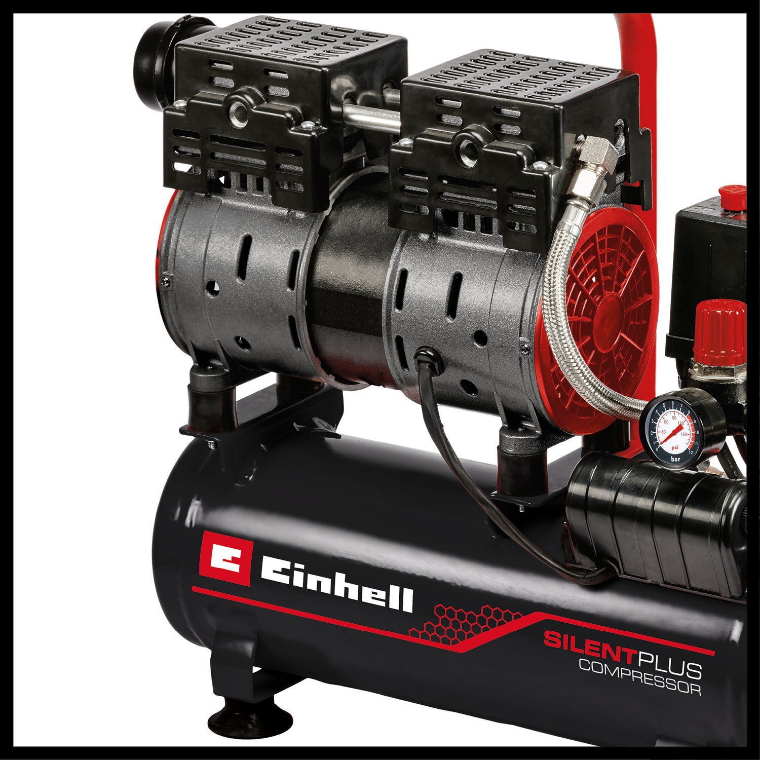 Einhell TE-AC 110/6 Silent Plus kompresszor, csendes kompresszor 550 W teljesítménnyel, max. 8 bar nyomással, olaj- és szervizmentes motorral, 6 literes tartállyal, nyomásmérővel és gyorscsatlakozóval, biztonsági szeleppel