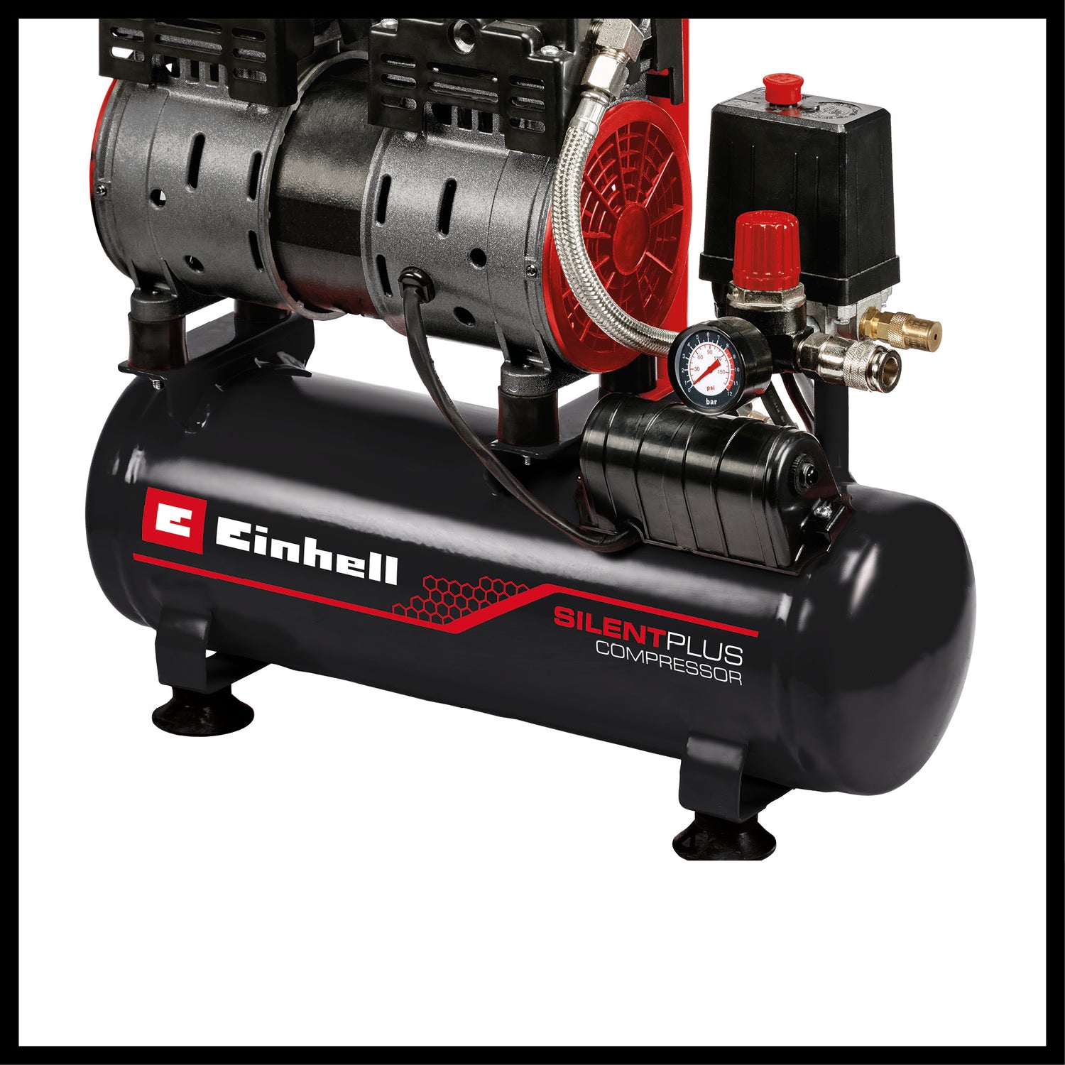 Einhell TE-AC 110/6 Silent Plus kompresszor, csendes kompresszor 550 W teljesítménnyel, max. 8 bar nyomással, olaj- és szervizmentes motorral, 6 literes tartállyal, nyomásmérővel és gyorscsatlakozóval, biztonsági szeleppel