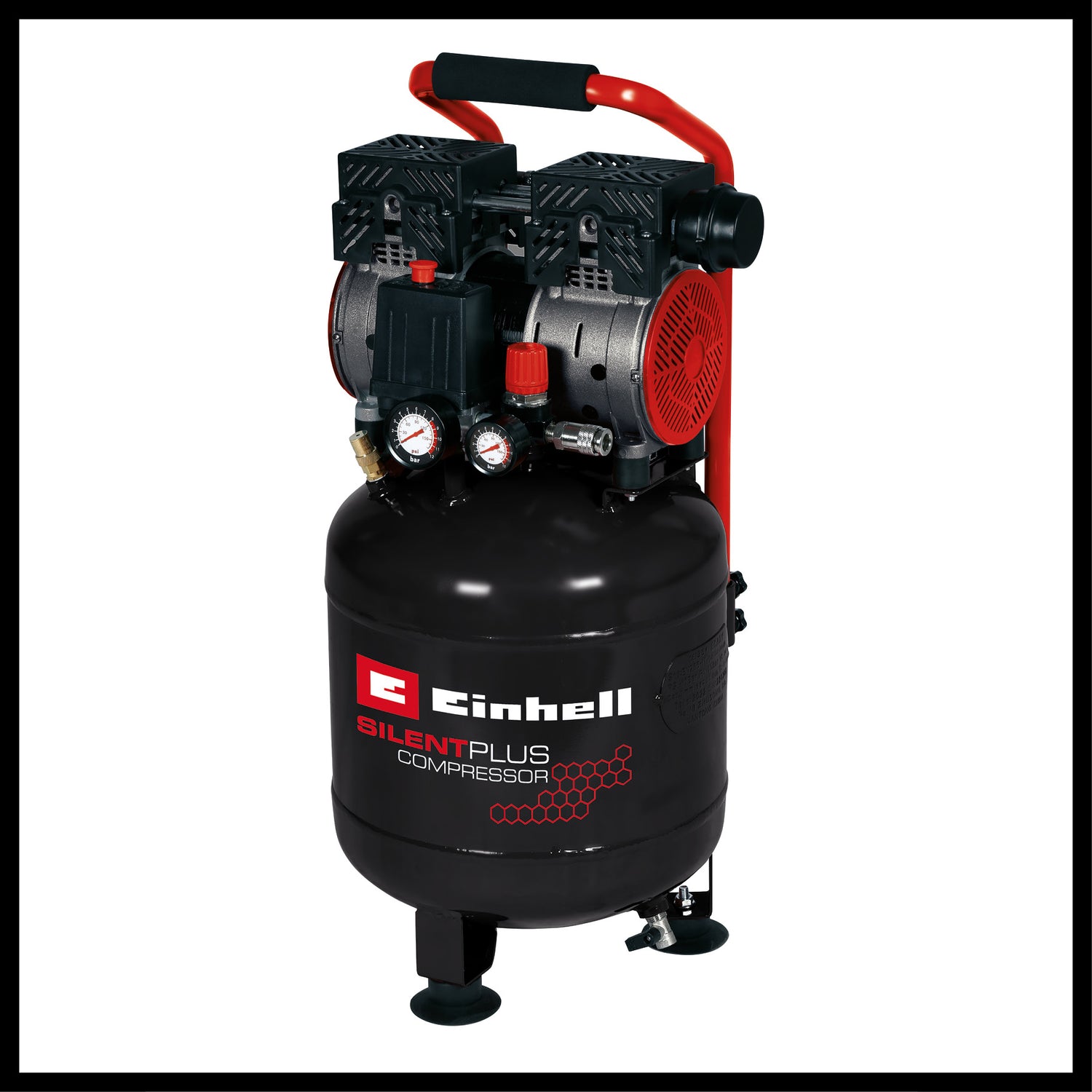 Einhell TE-AC 135/24 Silent Plus kompresszor, csendes kompresszor 750 W teljesítménnyel, max. 8 bar nyomással, olaj- és szervizmentes motorral, 24 literes tartállyal, nyomásmérővel és gyorscsatlakozóval, biztonsági szeleppel