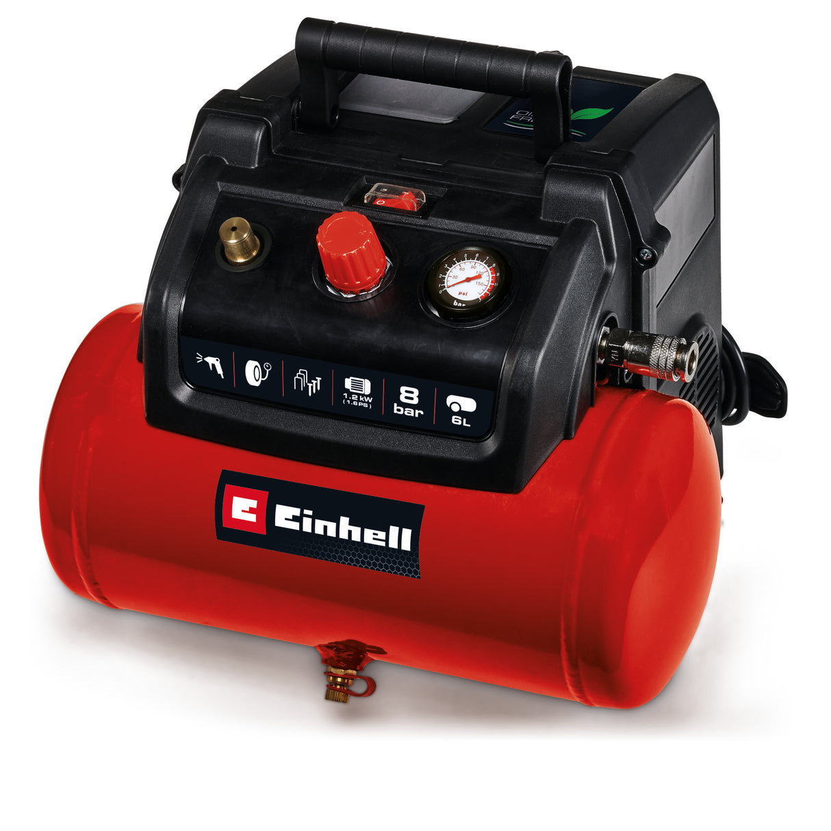 Compresor Einhell TC-AC 190/6/8 OF Set, 1200 W, max. 8 bar, rezervor de 6 L, capacitate de admisie 190 L/m, turatie motor 18000 rpm, regulator de presiune, manometru, fara ulei