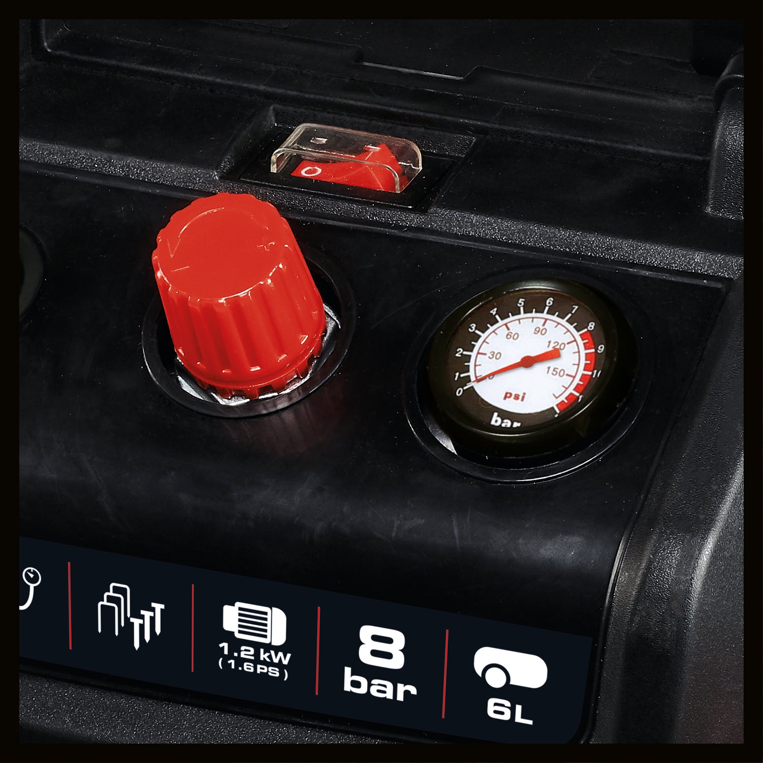 Compresor Einhell TC-AC 190/6/8 OF Set, 1200 W, max. 8 bar, rezervor de 6 L, capacitate de admisie 190 L/m, turatie motor 18000 rpm, regulator de presiune, manometru, fara ulei