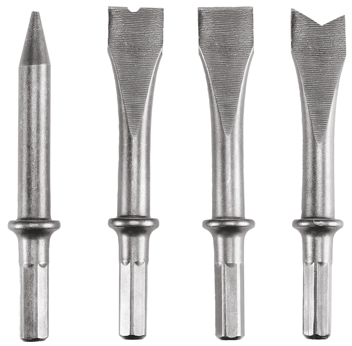 Eredeti Einhell 4 részes vésőkészlet (vésőkalapács tartozékok, acél, 120 mm, hatszögletű szárral, pneumatikus vésőkalapácsokhoz, például TC-PC 45-höz, 3 db laposvésővel és 1 db hegyesvésővel)