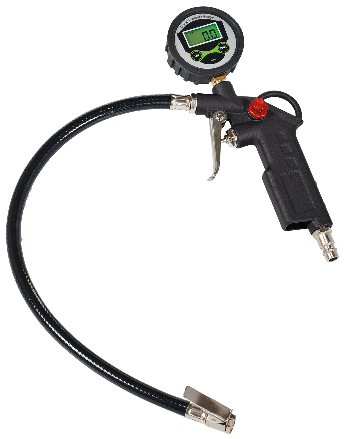 Guminyomásmérő, Einhell, kompresszor tartozékok, digitális nyomásmérő, üzemi nyomás 0 - 13 bar, kioldószelep, 40 cm-es tömlő