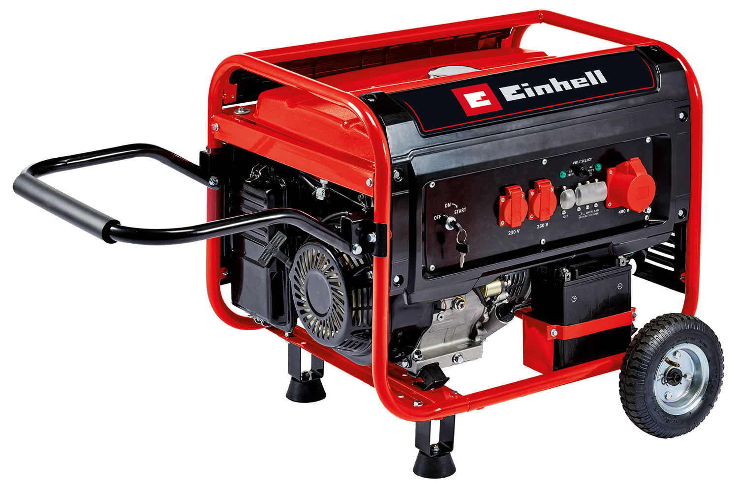 Einhell áramfejlesztő, benzinmotoros TC-PG 65/E5, folyamatos teljesítmény 3,2 kW 230 V-on és 3,6 kW 400 V-on, névleges áram 13 A 230 V-on, 25 literes tartály Super E5 benzinhez