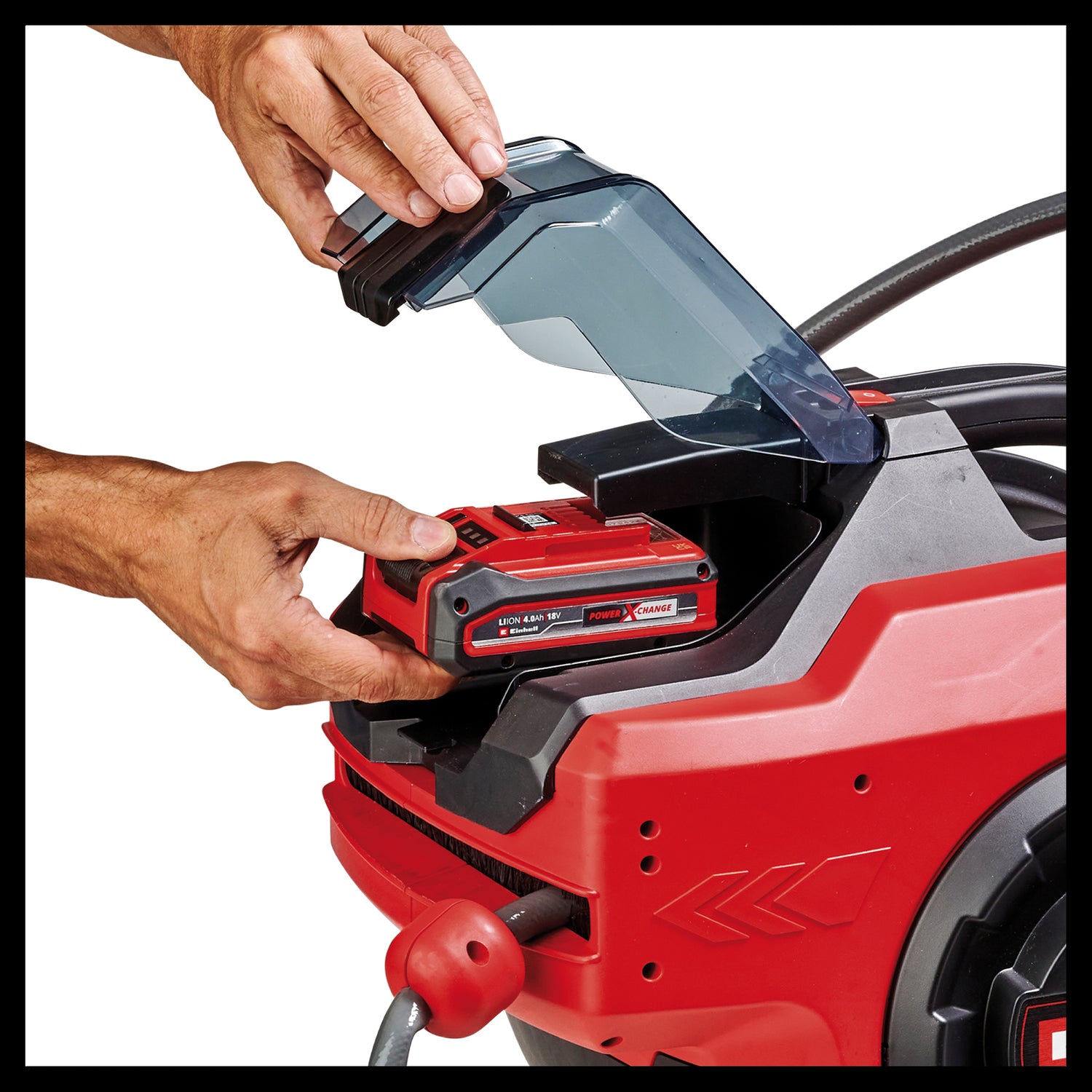 Einhell akkus tömlődob GE-HR 18/30 WH Li-Solo (18 V, automatikus tömlőfeltekercselés, 180°-os forgatás, fali tartó, 1,5 m-es csatlakozótömlő, akkumulátor és tömlő nélkül)