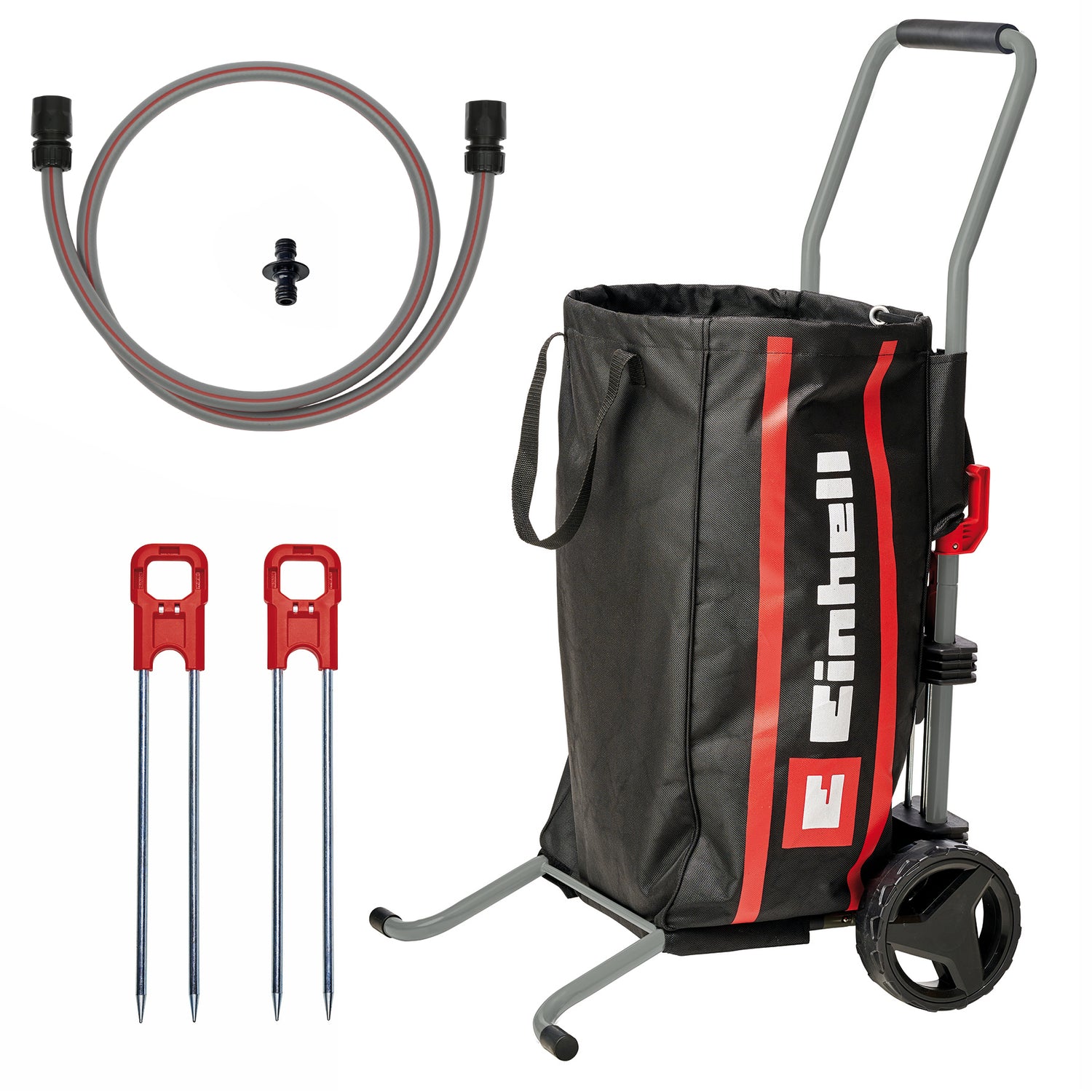 Eredeti Einhell tömlő- és szállítókocsi (tartozékok a GE-HR 18/30 Li és GE-HR 18/30 WH Li akkus tömlődobhoz, kerti hulladékgyűjtő zsákkal és földbe húzható karóval)