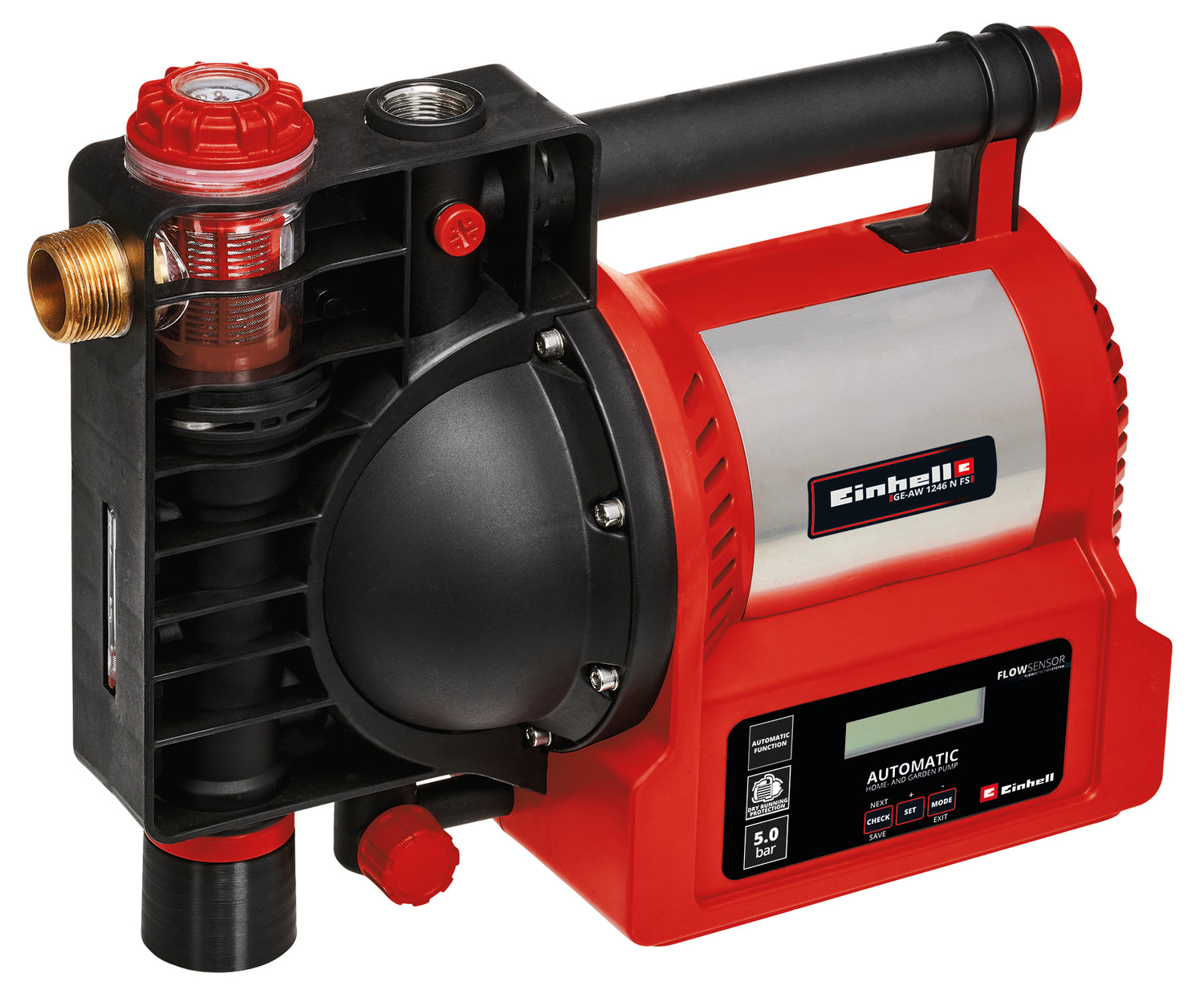 Einhell GE-AW 1246 N FS háztartási vízszivattyú, 1200 watt, vízszintjelző, szennyeződés-/szívásjelző, szárazon futás elleni védelem, forrázás elleni védelem, előszűrő visszacsapó szeleppel, áramlásérzékelő