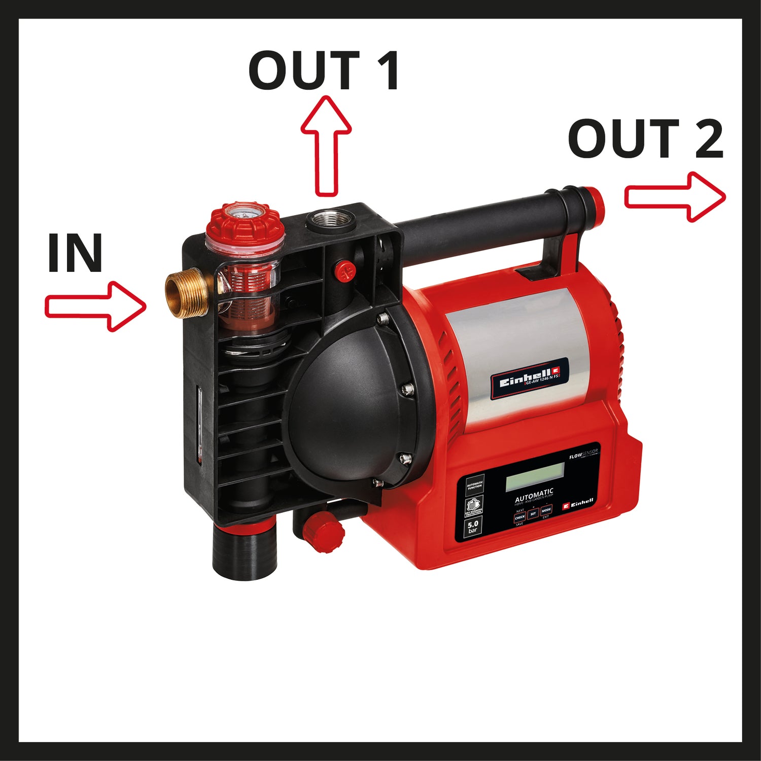 Einhell GE-AW 1246 N FS háztartási vízszivattyú, 1200 watt, vízszintjelző, szennyeződés-/szívásjelző, szárazon futás elleni védelem, forrázás elleni védelem, előszűrő visszacsapó szeleppel, áramlásérzékelő