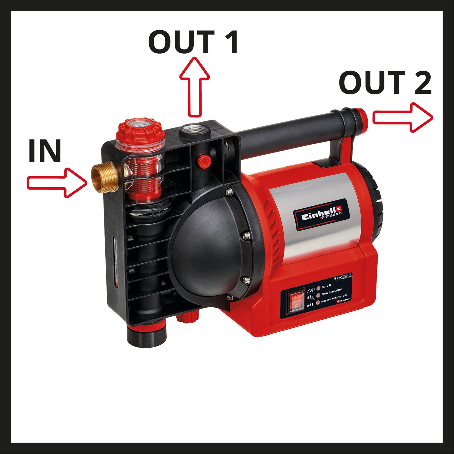 Einhell GE-GP 1246 N FS kerti szivattyú, 1200 W, 4600 l/h, víz-/szennyeződés-/szívótöltésjelző, száraz-/forrázás-/hővédelem, LED-es áramlásérzékelő