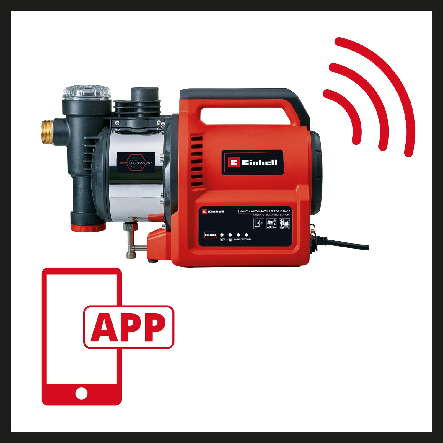 Einhell GE-AW 1144 SMART automata kerti szivattyú, alkalmazásvezérlés, mesterséges intelligencia öntözés + időjárási adatok, áramlási sebesség 4400 l/h, maximális szállítási magasság 48 m, előszűrő