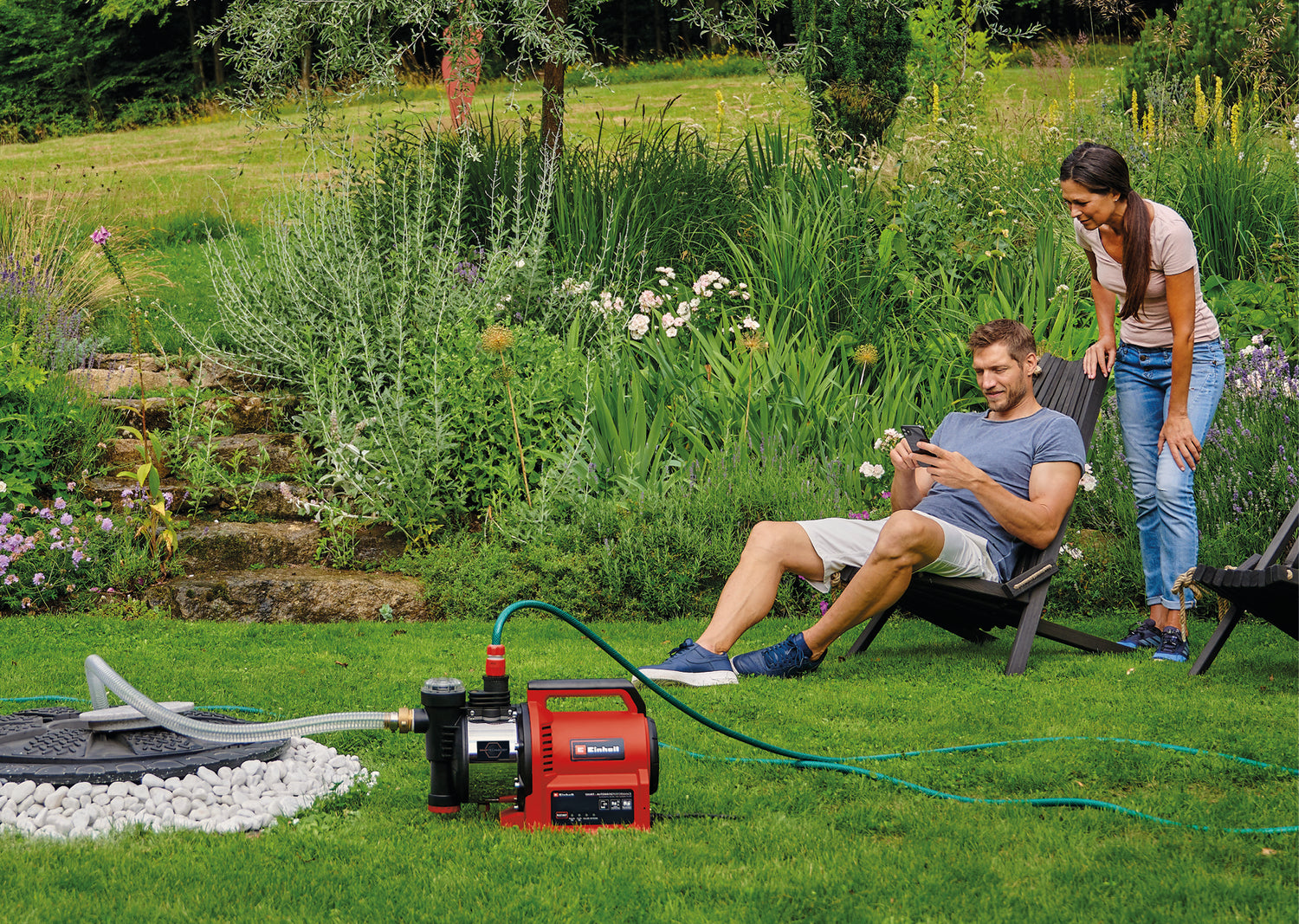 Einhell GE-AW 1144 SMART automata kerti szivattyú, alkalmazásvezérlés, mesterséges intelligencia öntözés + időjárási adatok, áramlási sebesség 4400 l/h, maximális szállítási magasság 48 m, előszűrő