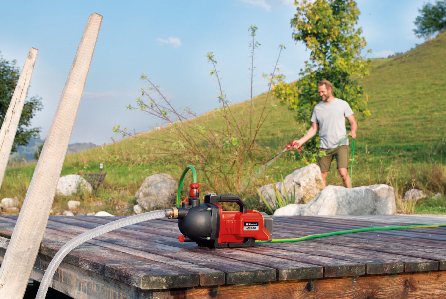 Einhell AQUINNA 36/30 Power X-Change akkus kerti szivattyú, 2x 18 V, 2 sebességes ECO kapcsoló, vízbetöltő és vízleeresztő csavar, hővédelem, hordozófogantyú