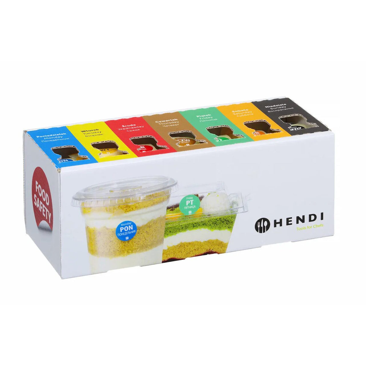 Set de etichete zilnice reutilizabile pentru siguranta alimentelor pentru fiecare zi a saptamanii cu distribuitor, HENDI, 240x80x(H)100mm RO - BG - EN