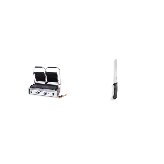 Contact grill dublu (striat/neted) + Cuțit pâine negru