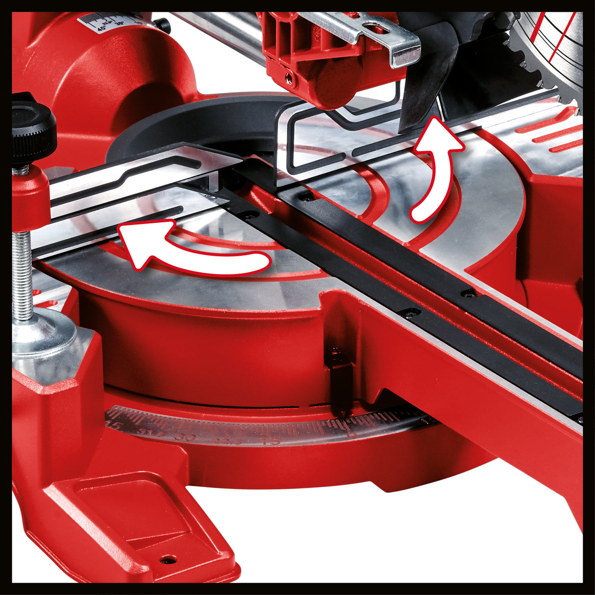Fierastrau circular cu tractiune, taiere transversala si unghiulara Einhell TC-SM 216, 1.600 W, placa rotativa cu reglare rapida si pozitii de blocare, laser, suporturi L+R, blocare ax, incl. lama de Fierastrau din carbura