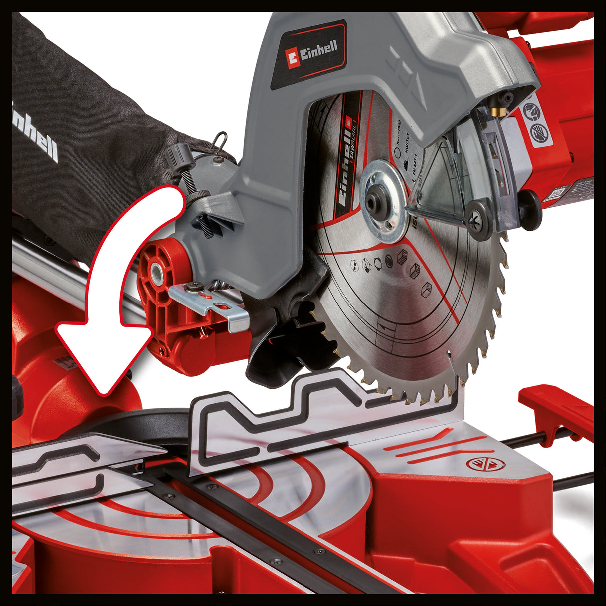 Fierastrau circular glisant Einhell TC-SM 254, 1.900 W, functie de tragere montata pe teava dubla, placa rotativa cu reglare rapida si pozitii de blocare, laser, lama de Fierastrau din carbura