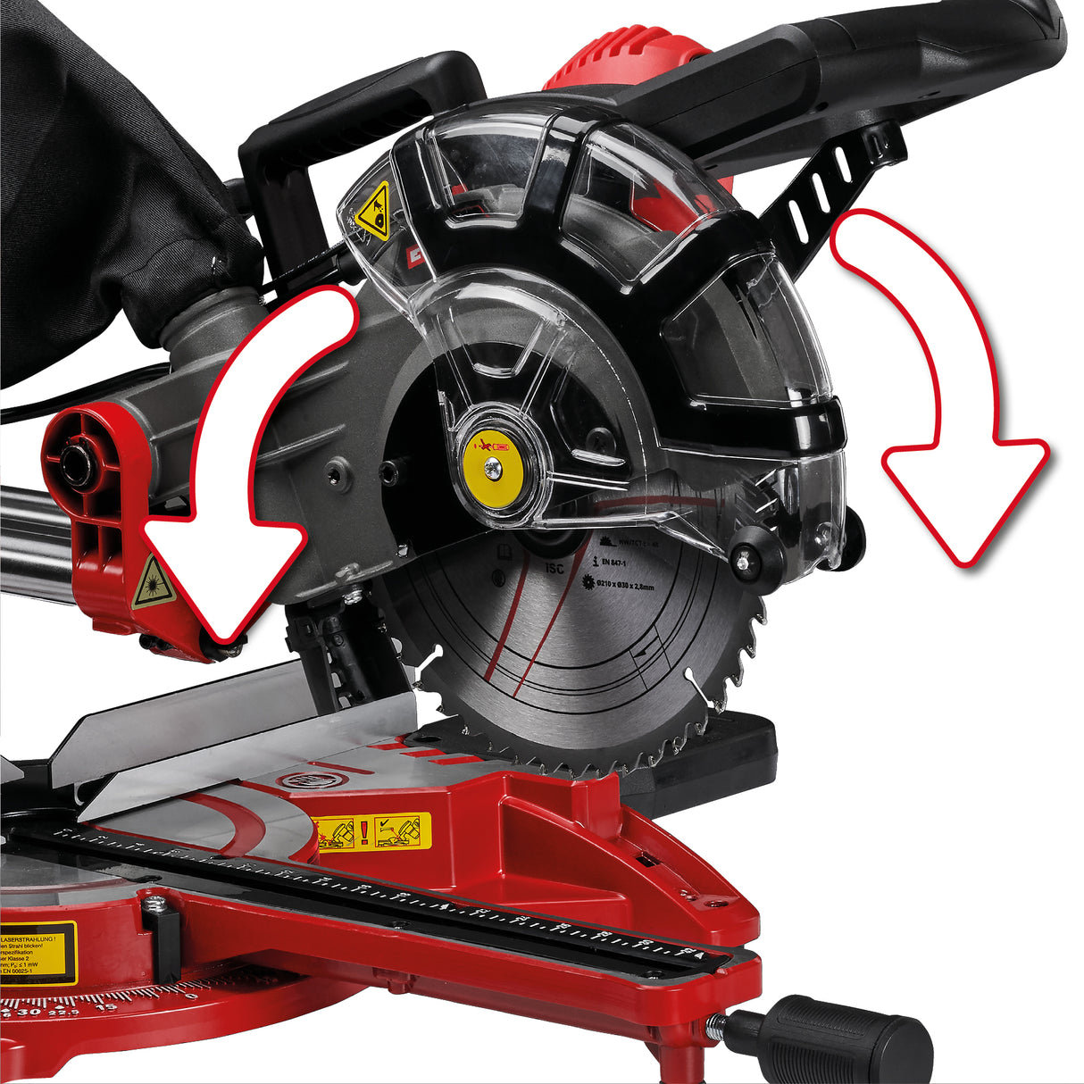 Fierastrau cu dubla tractiune, pentru taiere transversala si in unghi Einhell TC-SM 2131/2, max. 1.800 W, 4.900 rpm, functie de tractiune integrata, opritor piesa de lucru, dispozitiv de prindere, lama de Fierastrau cu varf de carbura, laser